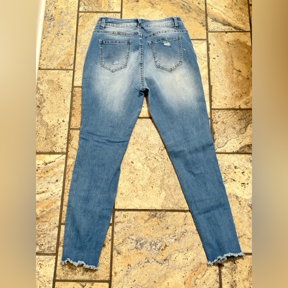 Checkered Patch Distressed Light Blue Jeans - image 6